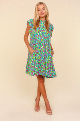 Frilled Mock Neck Flutter Sleeve Floral Dress Haptics Aqua S